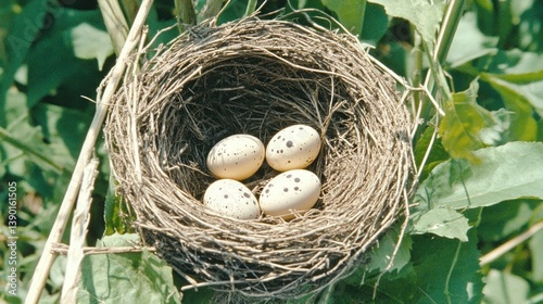 Bird nest with speckled eggs nestled in a woven structure