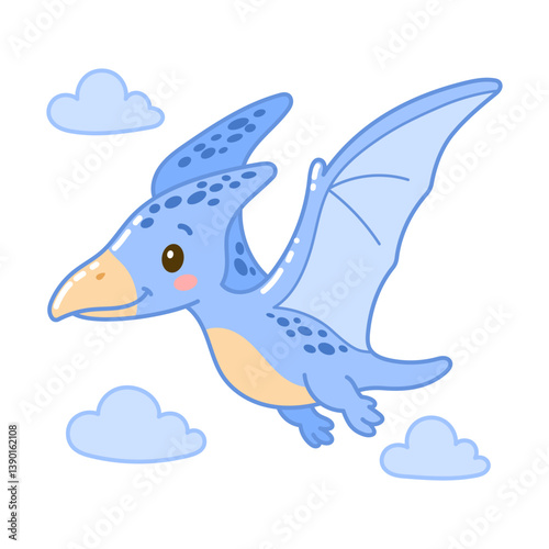 Cute flying blue cartoon pterodactyl with soft wings and smile, perfect for kids prints or decor