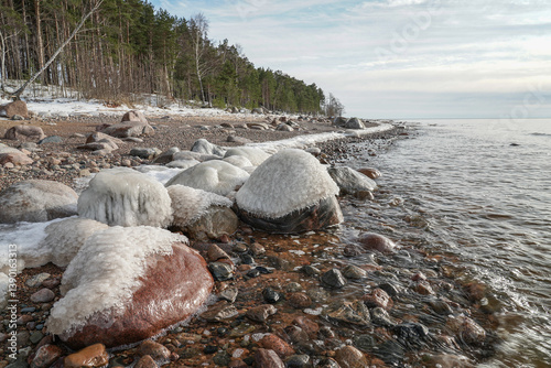Fototapeta Naklejka Na Ścianę i Meble -  Seashore in winter with icy stones