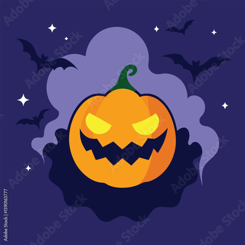 Eerie Halloween Pumpkin Illustration with Bats and a Starry Night Backdrop