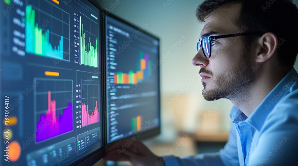A data scientist is visualizing key metrics on an interactive data dashboard. A data scientist is visualizing key metrics on an interactive data dashboard.