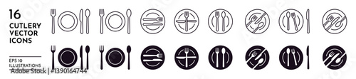 Dish icon. Plate and cutlery for dinner. Fork, knife or spoon serving. Food pictogram. Dining lunch. Tableware etiquette position. Line and silhouette symbol. Vector dishware elements set