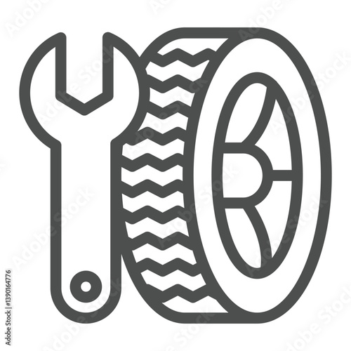 Wrench and wheel tire line icon, tires fitting concept. Vector graphics. Car service sign on white background, outline style icon for mobile or web design.