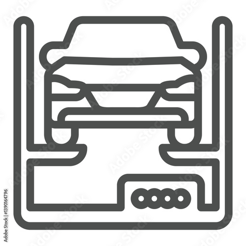 Car with lift jack line icon, car repair concept. Vector graphics. Motor vehicle sign on white background, outline style icon for mobile or web design.