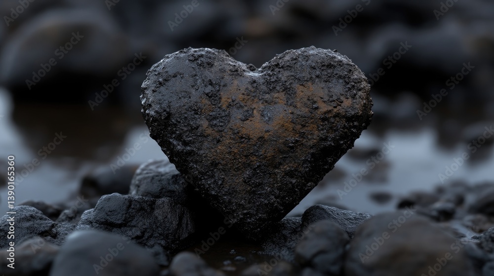 Fototapeta premium Heart-shaped rock, covered in dark mud, sits amidst dark stones