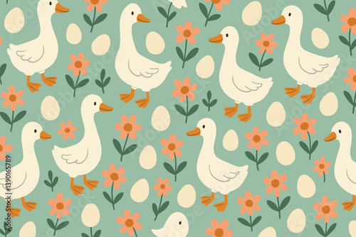 Playful duck and egg pattern with floral accents for spring design