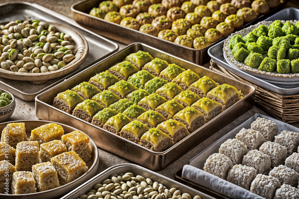 assorted flavors of turkish baklava with pistachio and other turkish sweets surtido de sabores de baklava turca con pistacho y otros dulces turcos