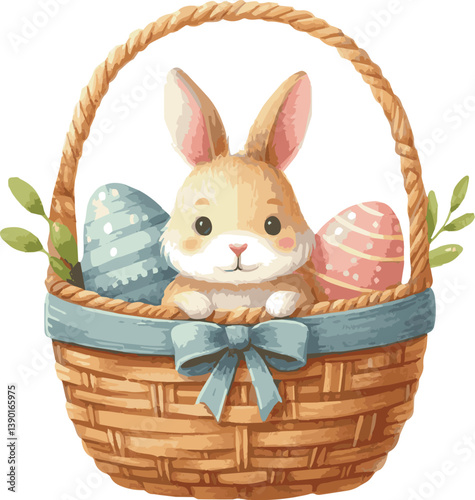 A vector watercolor vector illustration of a bunny in a basket with colorful easter eggs
