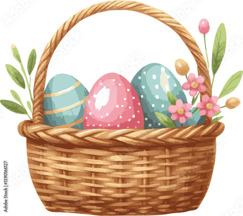 A watercolor vector illustration of a basket with easter eggs