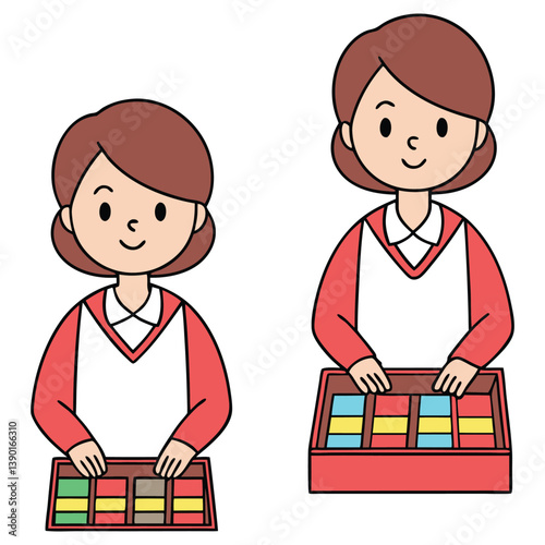 Smiling Woman Cartoon Character With Short Hair and Colorful Candy Box Set