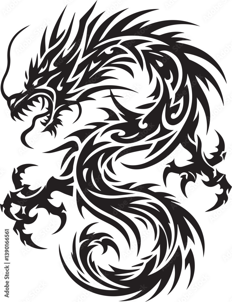 Fototapeta premium Tribal Dragon Tattoo Vector Illustration – Black Stylized Mythical Beast Design