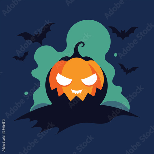 Eerie Halloween Pumpkin Illustration with Bats and a Starry Night Backdrop