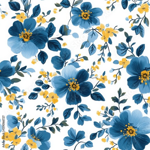 Watercolor Blue and Yellow Floral Pattern on White Background