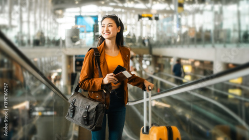 happy young asian woman traveler holding boarding pass ticket, passport and smartphone at the airport terminal with her luggage and smiling at camera, cheerful tourist female having holiday trip.