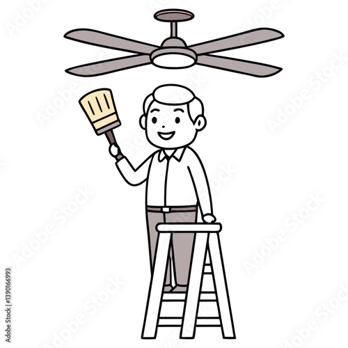 Cartoon Man on Ladder with Brush Near Fan, on Transparent Background