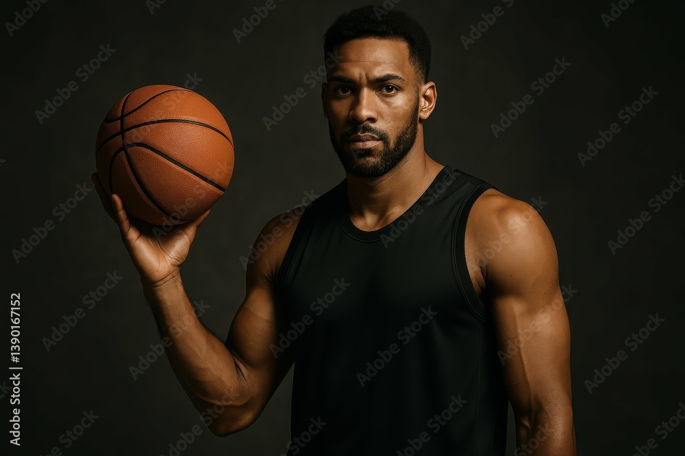 Athletic Man Holding Basketball in Dramatic Low Light Setting Athletic Man Holding Basketball in Dramatic Low Light Setting