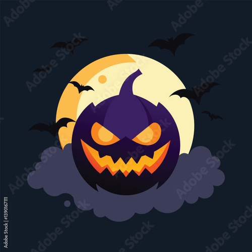 Eerie Halloween Pumpkin Illustration with Bats and a Starry Night Backdrop