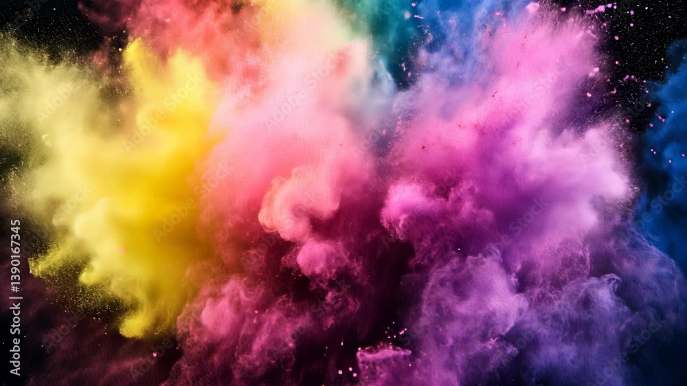 Colorful powder explosion creates vibrant cloud of hues at outdoor celebration in springtime