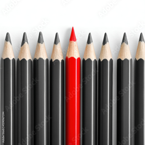creative layout of black pencils evenly spaced with one red pencil standing out, showcasing uniqueness and contrast