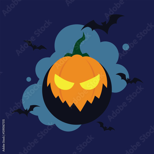 Eerie Halloween Pumpkin Illustration with Bats and a Starry Night Backdrop