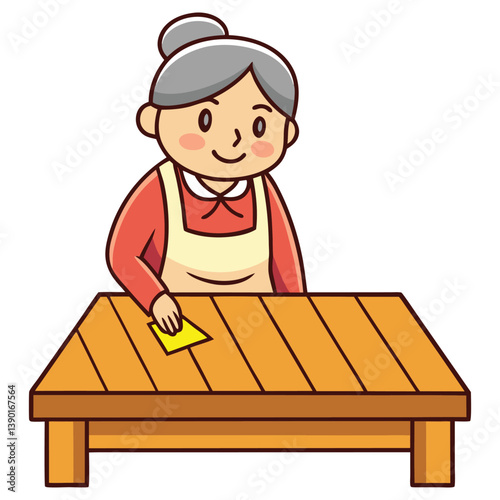 Cartoon Woman Cleaning Wooden Table with Cloth on Transparent Background