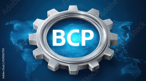 large silver gear with glowing center, symbolizing technology and innovation, set against digital world map background