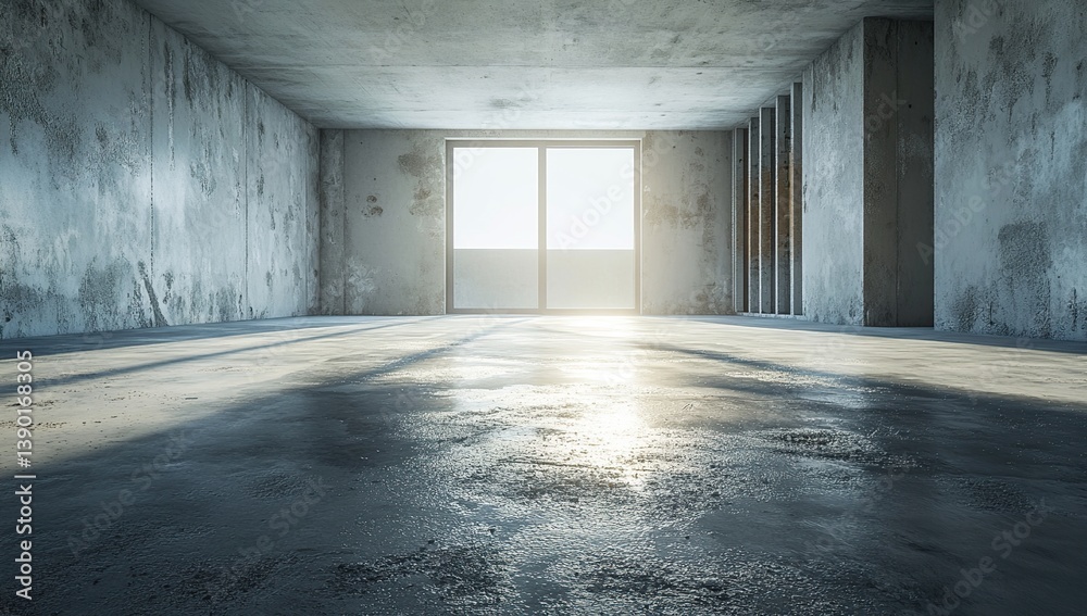 Obraz premium Empty Concrete Room with Sunlight Through Large Window