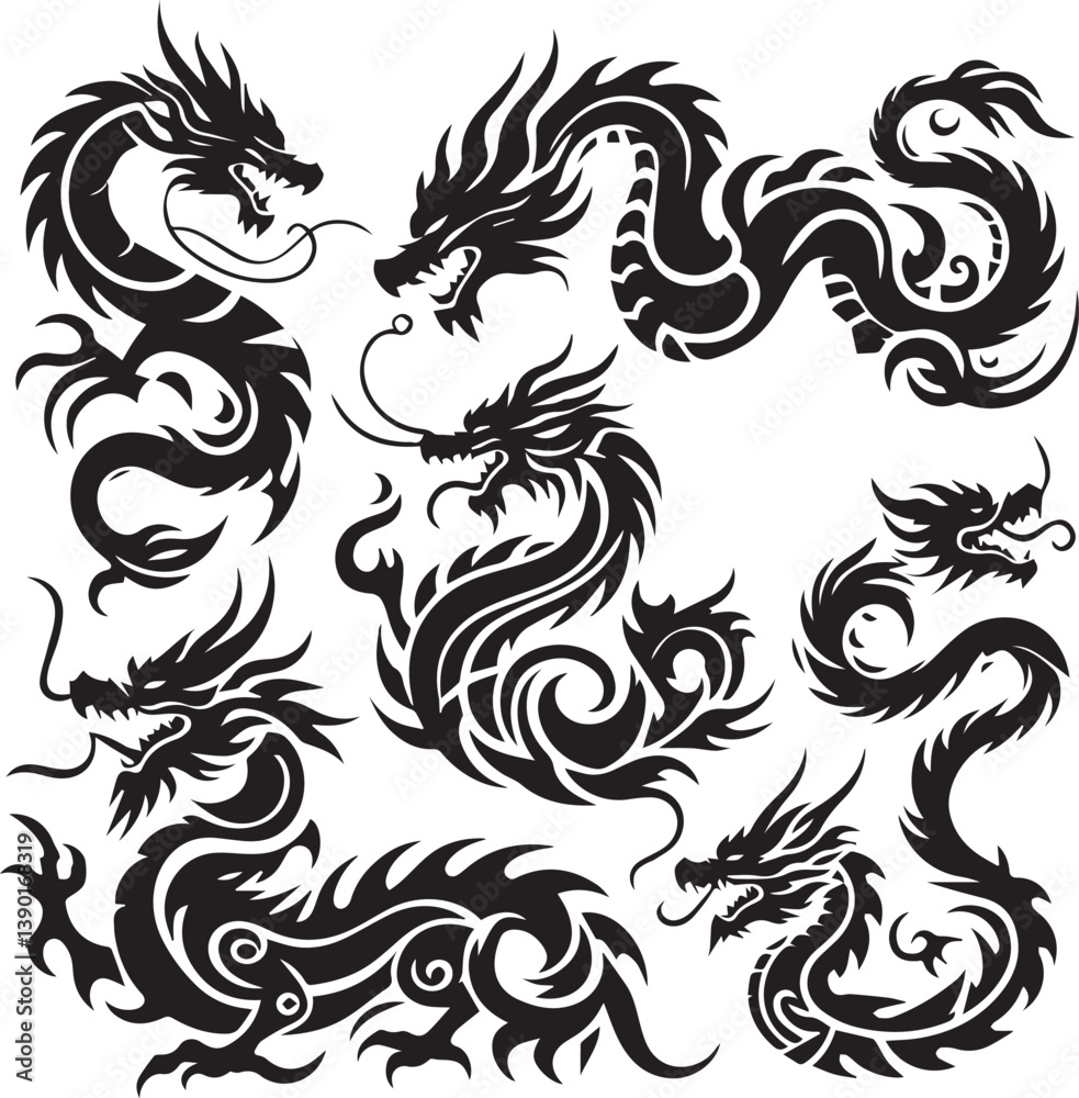 Fototapeta premium Tribal Dragon Tattoo Vector Illustration – Black Stylized Mythical Beast Design