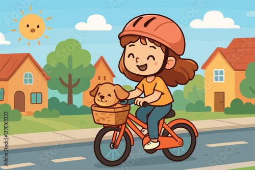 Joyful girl riding bicycle with dog in basket on sunny day