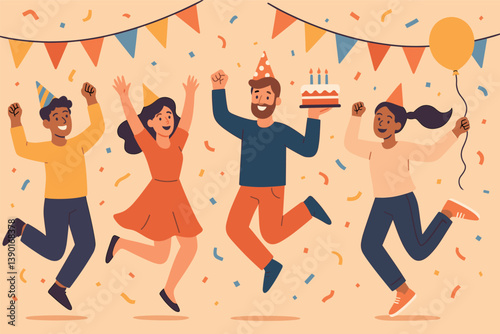 Joyful birthday celebration with friends and colorful party decorations