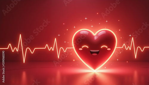 Obraz na płótnie Smiling heart icon with heartbeat on red background for blogs, websites, digital art, greeting cards, love-themed designs, health awareness, and romantic presentations w salonie
