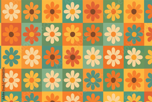 Retro floral pattern with colorful daisies on checkered background for textile design and home decor