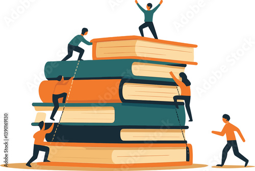 Teamwork and education concept with people climbing books for success and growth