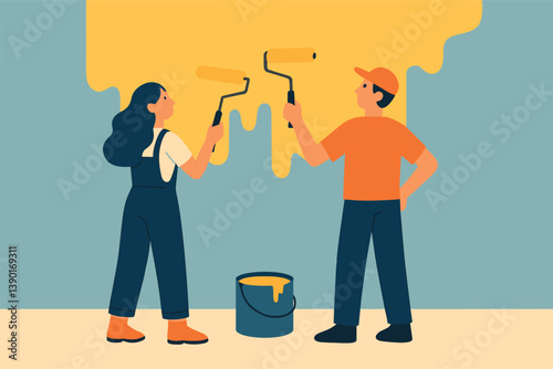 Home renovation project with couple painting walls in yellow