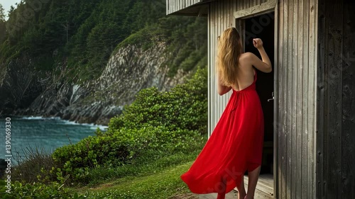 Woman in red dress looking at ocean cliffs from balcony