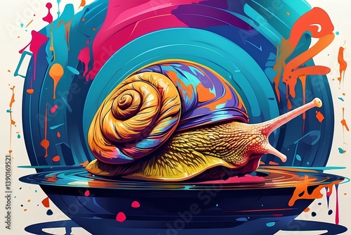 Snail on a vinyl record in retro style. Vector format.