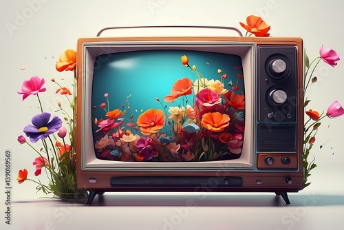 Retro style TV covered in flowers. Vector format.