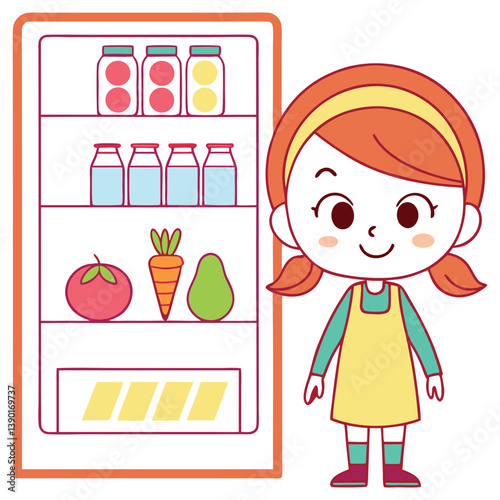 Cartoon Redhead Girl in Apron with Fridge Filled with Jars Fruits Isolated