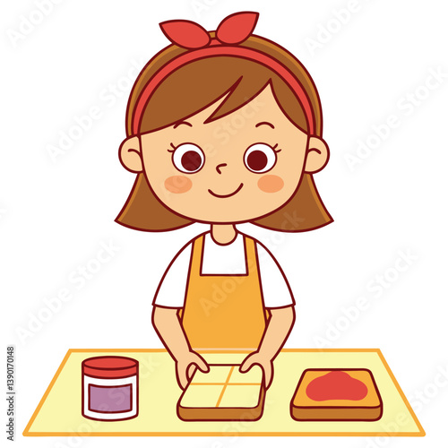 Smiling Cartoon Girl in Apron Making Sandwich on Table with White Background
