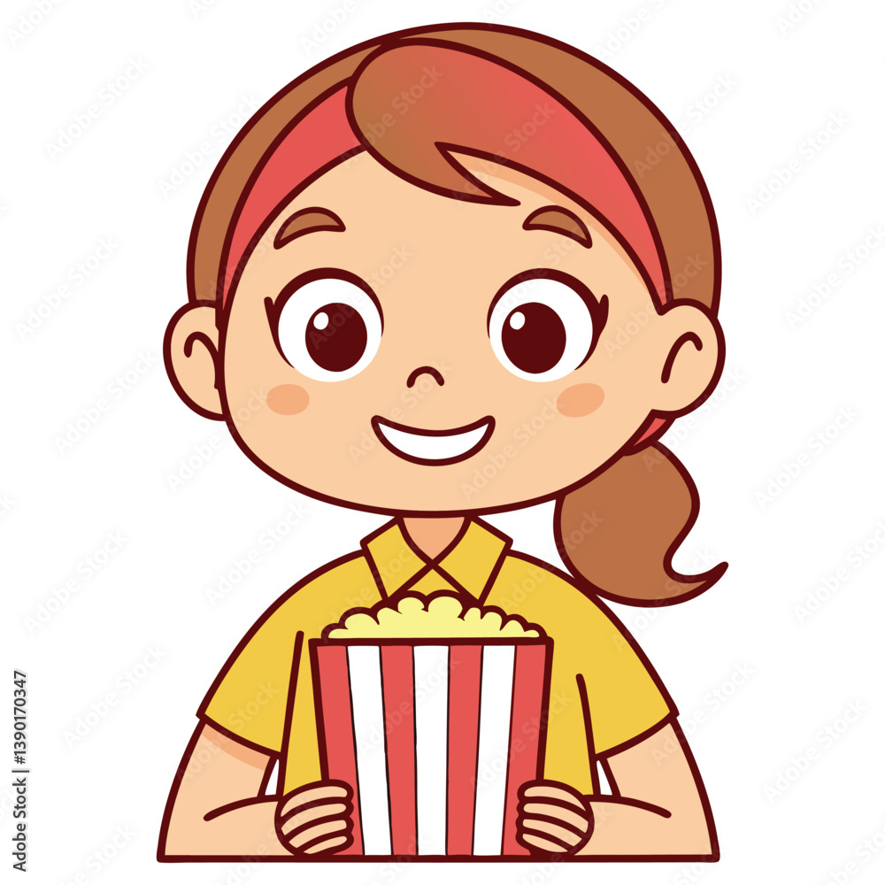 Smiling Girl Holding a Red and White Striped Popcorn Bucket on White Background Smiling Girl Holding a Red and White Striped Popcorn Bucket on White Background