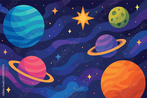 Colorful solar system with planets, stars, and galactic background for educational design