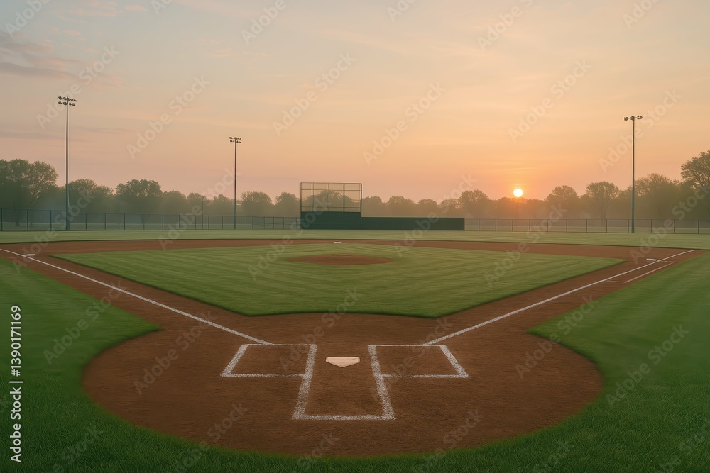 Serene Baseball Field at Sunrise with Soft Morning Light