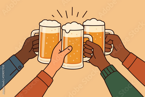 Multicultural cheers with beer mugs celebrating friendship and unity