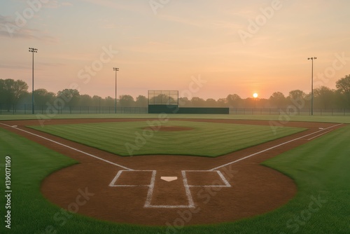 Serene Baseball Field at Sunrise with Soft Morning Light