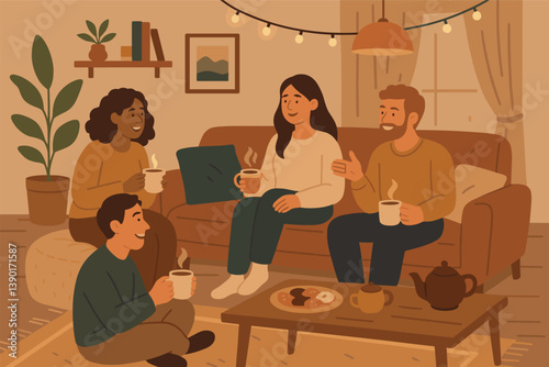 Cozy autumn gathering with friends enjoying warm drinks