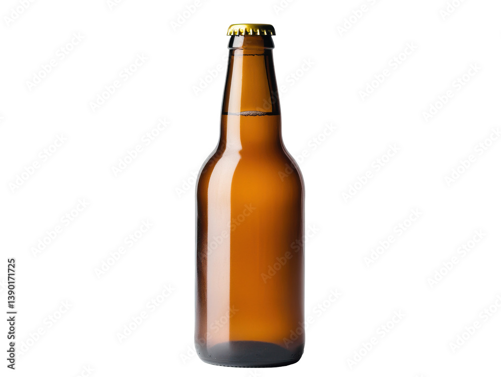 Amber beer bottle with gold cap for gatherings on a transparent background, cut out Amber beer bottle with gold cap for gatherings on a transparent background, cut out