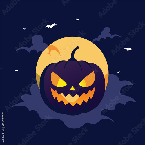 Eerie Halloween Pumpkin Illustration with Bats and a Starry Night Backdrop