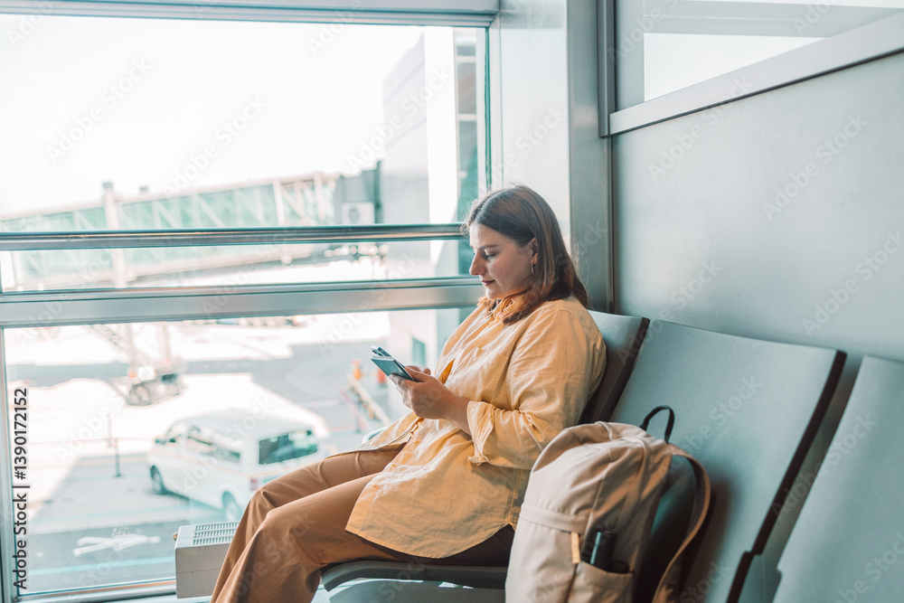A young traveler in casual yellow attire sitting in the airport lounge using two mobile phones while waiting for her flight. Perfect for topics related to modern travel, technology, and leisure time.