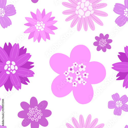 Seamless pattern with stylized spring purple and pink flowers. Vector graphics.