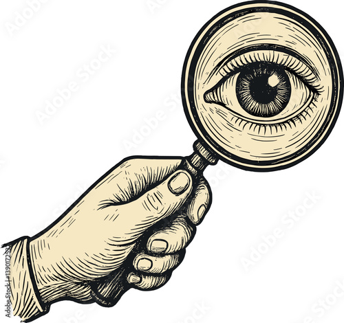 Vintage hand holding magnifying glass with eye for curiosity and exploration themes